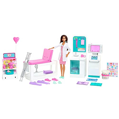 Barbie Doctora con Clínica médica, muñeca con accesorios de medicina de juguete. Incluye juego de escayolas de plastilina (Mattel HFT68)