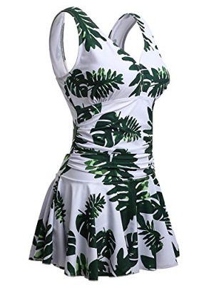 Mujer Bañador con Falda Traje de Baño de Una Pieza de Talla Grande Impresión Elegante Sexy Push Up Monokini Blanco/Hoja 4XL