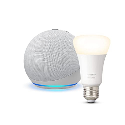 Echo Dot (4.ª generación), Blanco + Philips Hue White bombilla inteligente, compatible con Alexa - Kit de inicio de Hogar digital