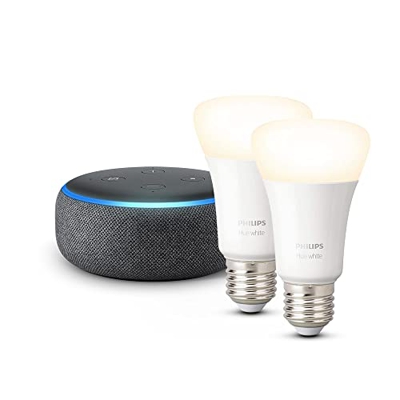 Echo Dot (3.ª generación), Tela de color antracita + Philips Hue White Pack de 2 bombillas inteligentes, compatible con Alexa - Kit de inicio de Hogar