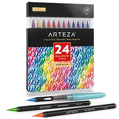 Arteza Caja de 24 rotuladores con punta de pincel | Rotuladores acuarelables profesionales para dibujar y colorear | 100% no tóxicos | Múltiples color