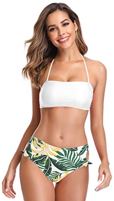 SHEKINI Mujer Traje de Baño de Dos Piezas Bandeau Ajustable Acolchado Bikini Top Sexy Halter Bikini Set Cintura Alta Control Abdomen Parte Inferior de