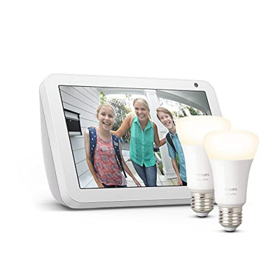 Echo Show 8 (1.ª generación, modelo de 2019), Tela de color gris claro + Philips Hue White Pack de 2 bombillas inteligentes, compatible con Alexa - Ki