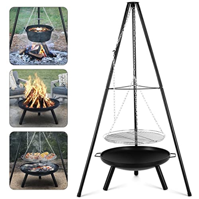 Barbacoa Giratoria con Brasero, Parrilla de Carbón Vegetal, Incluye Parrilla, Cadena y Trípode de Altura Ajustable (Altura: 152 cm), para Asar y Calen