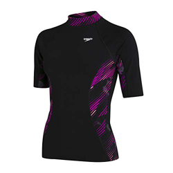 Speedo Mujeres Camiseta Ajustada Deportiva de Manga Corta, Negro/Diva/Neon Fire, L en oferta