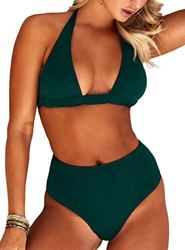 Bikini de Mujer Conjunto de 7 Piezas de Cuello Halter Traje de Baño de Estampado Floral de Cintura Alta para el Verano（F-Verde Oscuro,S en oferta