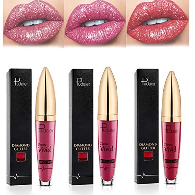 wsxc 3pcs Diamond Shiny Long Lasting Lipstick, Matte Liquid Lipstick, Long Lasting Waterproof Colourful Lip Gloss, Glitter Lipstick (01+02+03)