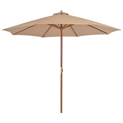 Parasol Octogonal con Manivela 300 x 250 cm, Sombrilla con Poste de madera para terraza, jardín, Playa, Piscina, Gris topo