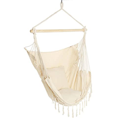 ZOYAFA Hamacas al aire libre Hamaca de jardín Silla colgante Columpio de cuerda de madera con 2 cojines Hamacas de paracaídas portátiles precio