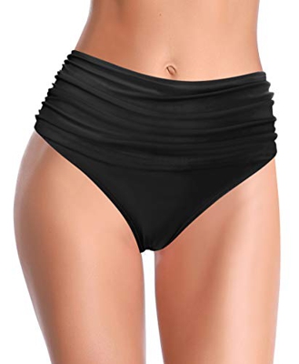 SHEKINI Shorts Natación para Mujer Traje de Baño Retro Abdominal Control Cintura Alta Negros Pliegues Bañador Clásico Bikini Bottoms(L，C-Negro