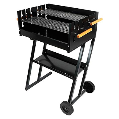 Ausla BBQ - Barbacoa de carbón de acero, parrilla de jardín ajustable con 2 estantes, 2 ruedas, para 5-8 personas, 90,5 x 73 x 46 cm, negro