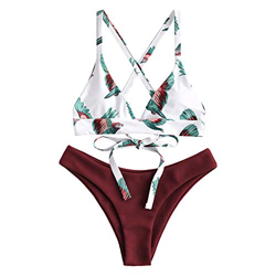 ZAFUL Conjunto de Bikini con Relleno Push Up Triangular Busto Ajustable con Tirantes Cruzados Traseros Estampado Talle Bajo (Pájaro-Rojo, L) en oferta