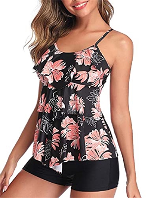 Traje de Baño Mujer Dos Piezas Tankini Set Tirantes Ajustable sin Mangas Flor Rosa Negra M