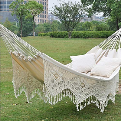 Hamaca Doble Extragrande, Hamaca de algodón Puro, con Hamaca Blanca con Flecos y Hamaca Estilo Bohemio, 300cmX160CM (Color: Blanco 300x160cm) Cómodo