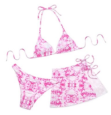SHEKINI Mujer Traje de Baño 3 Piezas Clásico Halter Ajustable Triángulo Bikini Top Cintura Baja Parte Inferior del Bikini Y Falda Envolvente de Cadera