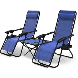 VOUNOT Set de 2 Tumbona Jardín Exterior Plegable con Mesa Auxiliar Portavasos, Silla Reclinable con Reposacabeza Extraíble, Carga Máxima 120KG, Azul en oferta