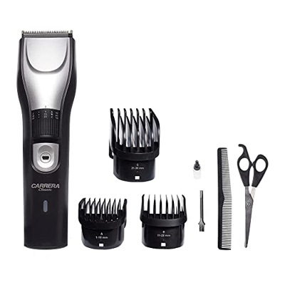 CARRERA Cortapelos clásico, accesorio de 0,5 – 30 mm, batería de ion de litio con opción de carga USB e indicador LED, cuchilla de acero inoxidable