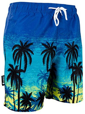 Luvanni Banador de Natacion para Hombre Traje de Bano Rayas Deportivos Short para Natacion Playa Piscina Palmera Atardecer Print* Azul Negro L