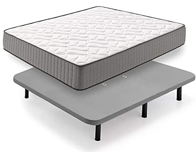HOGAR24 HS14-Colchón Viscoelástico + Base Tapizada, en Color Gris, con Patas, Medida 150x190 cm, Núcleo Fresh Natur Alta Densidad Efecto Regenerador,