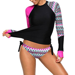 Mujeres Traje de Manga Larga 2 Piezas Floral Rashguard UV Protección Camiseta Bañador Buceo Natación Surf Tankini Rosa Medium precio