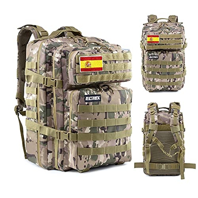 ELITEX Mochila 45L Táctica Militar Bandera España Impermeable Deportiva Caza Aire Libre Deportes Gimnasio Portatil (Camuflaje)