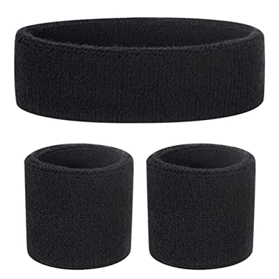 ONUPGO Juego de pulseras para el sudor para niños - Banda deportiva de algodón para deportes (1 diadema + 2 pulseras) (negro)