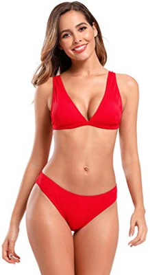 SHEKINI Mujer Conjunto de Bikini Dividido Sexy Traje de Baño de Hombro Ancho con Cuello en V Profundo (XL, Rojo)