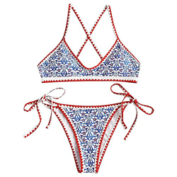 ZAFUL Bikini para mujer Ditsy Floral Bohemian Tie Whip Stitch Print Bikini Juegos de baño, azul-1, S características