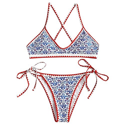ZAFUL Bikini para mujer Ditsy Floral Bohemian Tie Whip Stitch Print Bikini Juegos de baño, azul-1, S