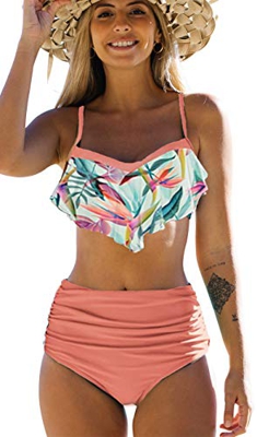 Bikinis Mujer Top con Volantes Braga de Color Liso Traje de Baño Cintura Alta Control de Barriga