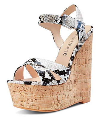 CASTAMERE Zapatos de Tacón Plataforma Mujer Sandalias con Cuña Moda Punta Abierta Wedge High Heels Beige Serpiente Zapatos EU 36