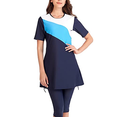 NIYUE Traje de Baño Musulmán Arabe Mujer Conservador Beachwear Manga Corta Traje de Baño Islámico ModestoBlue-Large