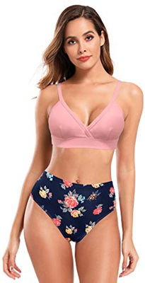 HEKINI Mujer Bikini Triángulo Top Halter Traje de Bañador de Dos Piezas Correa de Hombro Ajustable Retro Impreso Cintura Alta Bottoms Bikini de Dos Pi