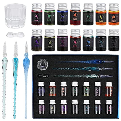 GOLDGE 3pz Pluma de Inmersión para Firmas, 14 Tintas de Colores para Artesanía Juego de Bolígrafos de Inmersión de Vidrio 1 Portalápices 1 Hechos A Ma