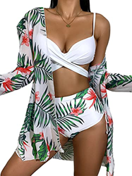 EUDOLAH Conjunto de Disfraz 3 Piezas Mujer Bikini Sujetador Cruzado Blanco Braguitas de Bikini con Cintura Alta Kimono de PlayaMotivo de la Hoja,L precio