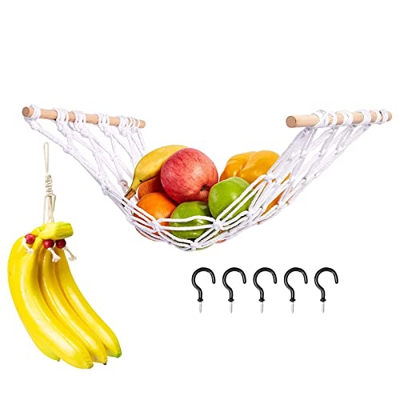 Macrame Hamaca de frutas con percha de plátano, hamacas de algodón de algodón de tejido a mano con 5 ganchos, ahorro de espacio en contador, para coci