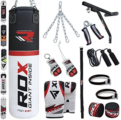 RDX MMA 17pc Set de boxeo 4 FT 5 ft – Saco de boxeo pesado pared cargado pie nudillos Kickboxing – Diana fijación techo, Rouge/Blanc.