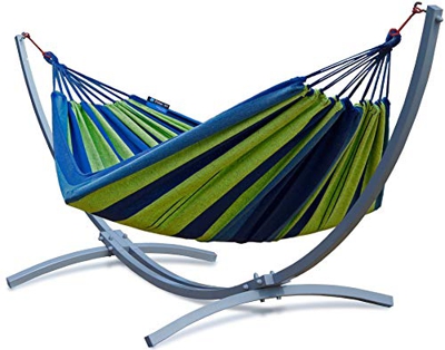 Potenza Hamaca con Soporte De Jardin Exterior para 2 Personas Doble Multicolor Hamaca De Tela XXL 220x160 200kg Marco De Acero Soporte Hamaca hasta 22