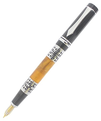 Abcsea Estilo Vintage Tallado En Forma De Flor Medio Plumín Pluma Estilográfica Clip De Plata - Negro Y Naranja