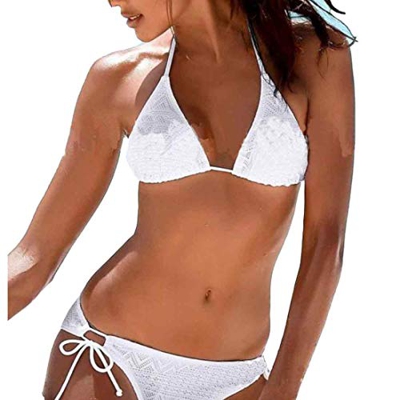 Inlefen Bikini Conjunto de triángulo de Red para Mujer Traje de baño Traje de baño de Dos Piezas de Encaje Espesar Bañador（Blanco-M）