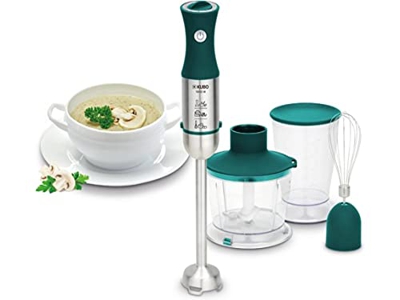 KUBO Batidora de Mano de 1000W, Velocidad Variable, 4 Cuchillas en Acero Inoxidable, 3 Accesorios, Picador 600ml, Batidor Alambre, Vaso medidor 500ml,