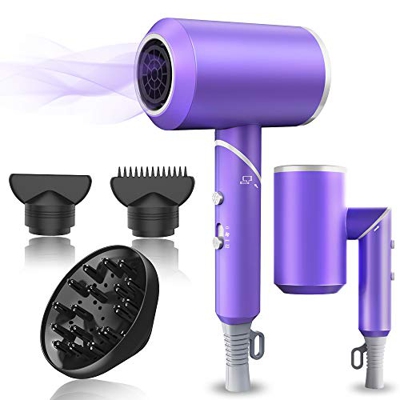 Secador de pelo profesional de 1800 W de iones negativos secador de pelo para secado rápido, con 2 boquillas y 1 difusor, secador de pelo plegable com