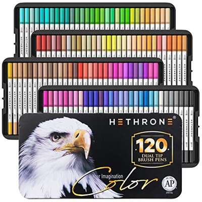 Hethrone Rotuladores Punta Pincel 120 Color Rotuladores Doble Punta Acuarelables Profesionales, Dual Tip Brush Pen para Adultos Niños Caligrafía, Lett