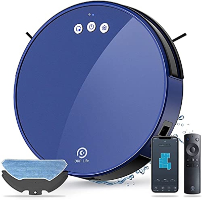 OKP Aspiradora Robot, Robot Aspirador y fregasuelos 2200Pa, Superfino, Carga automática, Silencioso, Limpieza para Pelo de Mascotas, 4 Cleaning Modos,