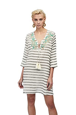 Lola Casademunt Vestido Corto Verano Mujer Kaftan Crudo Rayas Cuello V Detalles Turquesa Algodón Bordado Camisola Moda Ibicenca Vintage Transpirable B