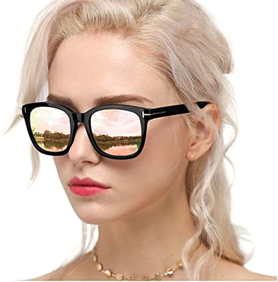Myiaur Gafas de sol de moda para mujer Conducción polarizada Antideslumbrante Protección UV 100% Diseño elegante (Montura negra/Lente de espejo rosa d