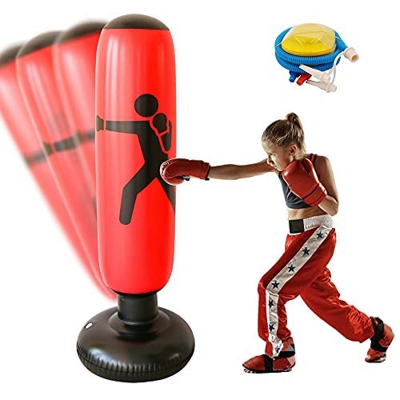 Saco de Boxeo Inflable, Saco de Boxeo de Pie para Niños con Hinchador Incluido para Practicar Karate, Taekwondo y Aliviar Pent Up Energy en Niños (Roj