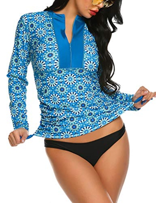 Balancora Traje de baño Rash Guard para mujer, protección UV, cremallera, manga larga, ajustado, con cordón, tallas S-XXL Patrón A. L