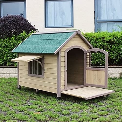 TYX Casa para Perros con Puerta, Casa para Mascotas Impermeable De Madera para Interiores Y Exteriores con Ventanas De Sombra, Mascotas Pequeñas Y Med