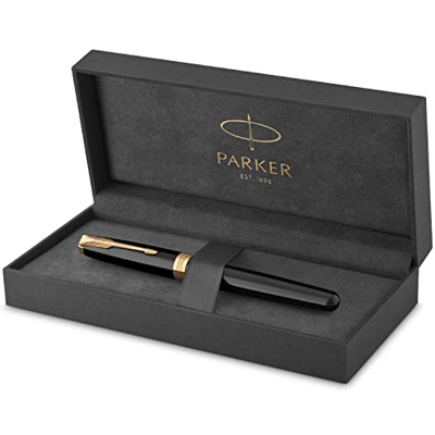 Parker Sonnet - Pluma estilográfica (lacada en negro, con adorno dorado y plumín mediano, en estuche)